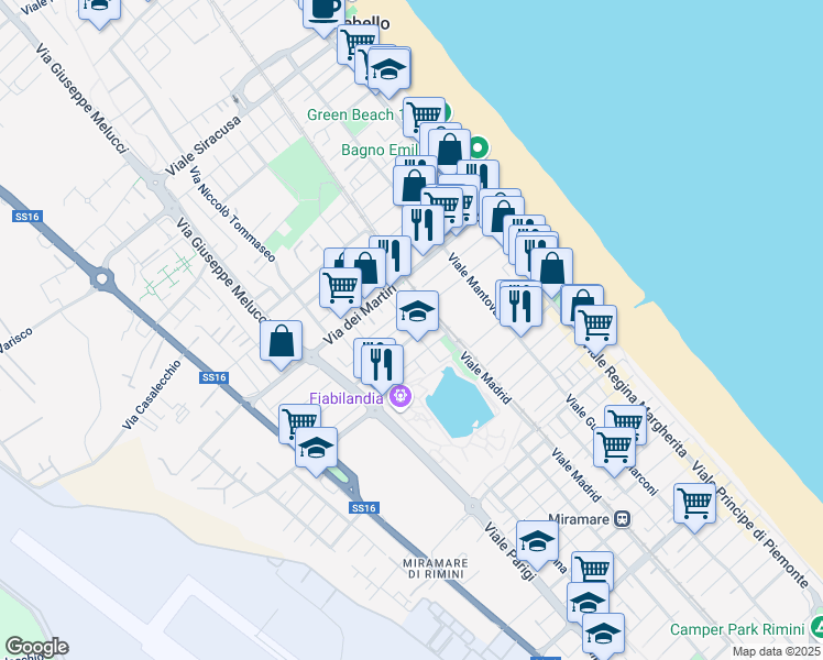 map of restaurants, bars, coffee shops, grocery stores, and more near 36 Via Augusto Righi in Rimini