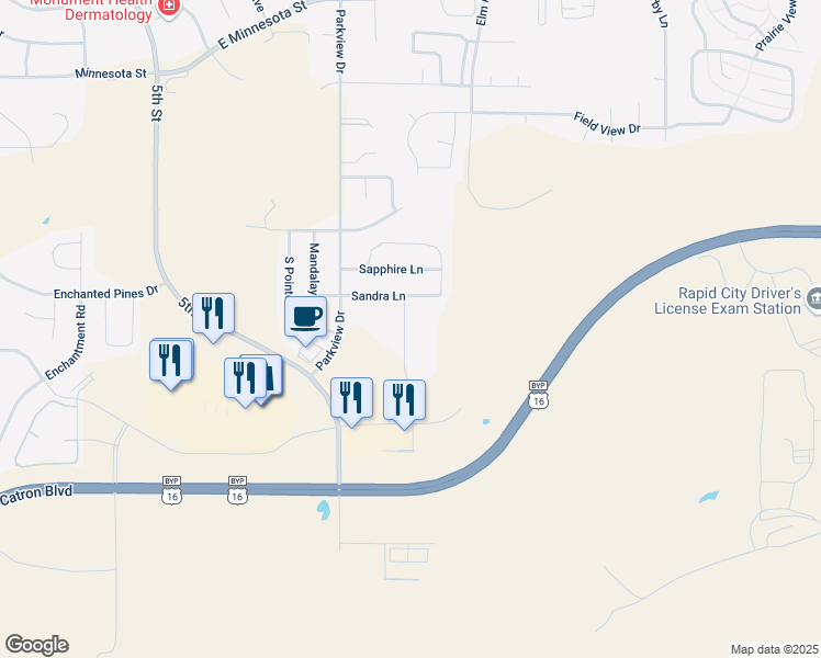 map of restaurants, bars, coffee shops, grocery stores, and more near 4810 Shelby Avenue in Rapid City