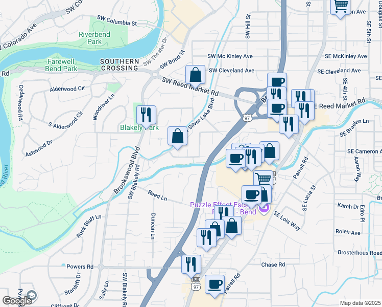 map of restaurants, bars, coffee shops, grocery stores, and more near 1295 Southwest Mill Pond Place in Bend