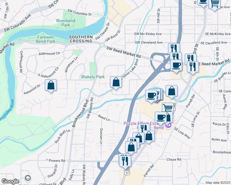 map of restaurants, bars, coffee shops, grocery stores, and more near 1264 Southwest Silver Lake Boulevard in Bend