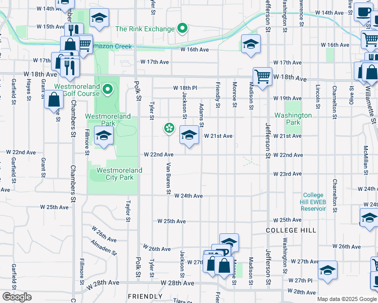 map of restaurants, bars, coffee shops, grocery stores, and more near 985 West 22nd Avenue in Eugene