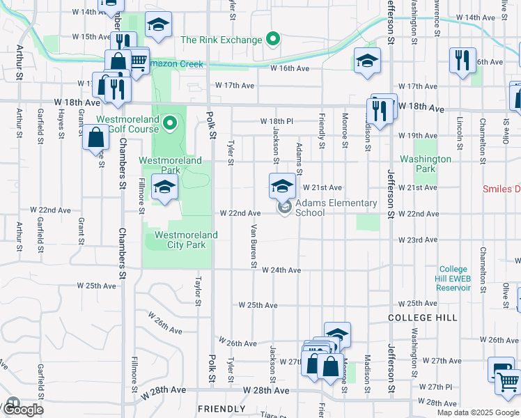 map of restaurants, bars, coffee shops, grocery stores, and more near 1095 West 22nd Avenue in Eugene