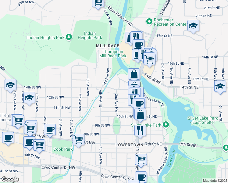 map of restaurants, bars, coffee shops, grocery stores, and more near 1207 2nd Avenue Northwest in Rochester