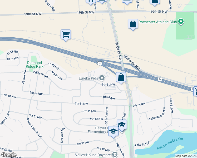 map of restaurants, bars, coffee shops, grocery stores, and more near 3675 9th Street Northwest in Rochester