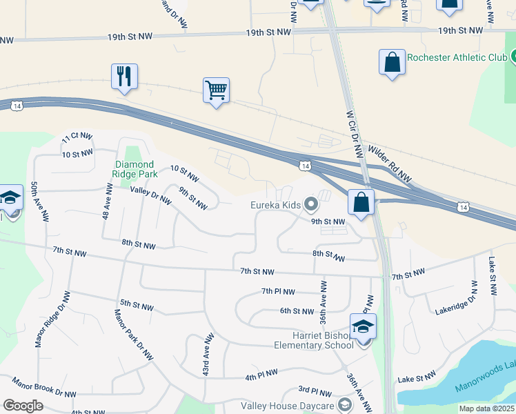 map of restaurants, bars, coffee shops, grocery stores, and more near 831 41st Avenue Northwest in Rochester