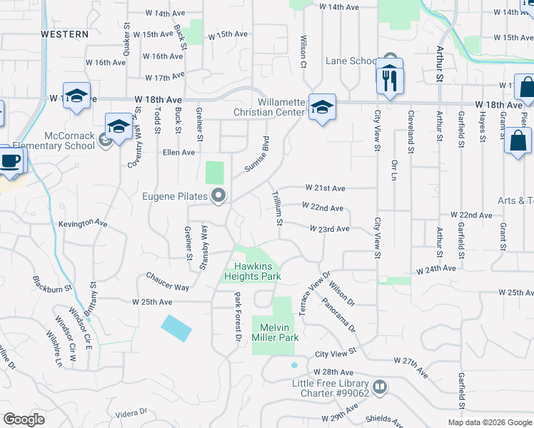 map of restaurants, bars, coffee shops, grocery stores, and more near 2620 West 22nd Avenue in Eugene
