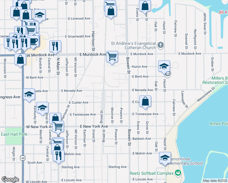 map of restaurants, bars, coffee shops, grocery stores, and more near 619 East Nevada Avenue in Oshkosh