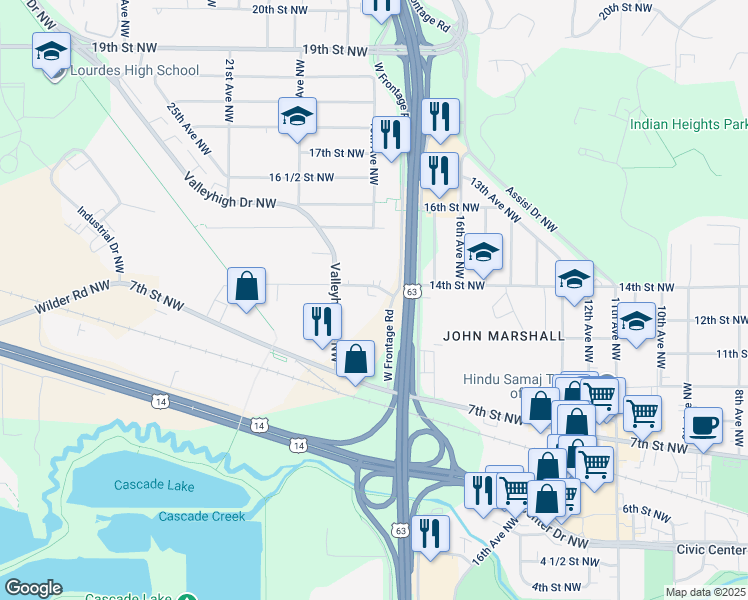 map of restaurants, bars, coffee shops, grocery stores, and more near 1820 14th Street Northwest in Rochester