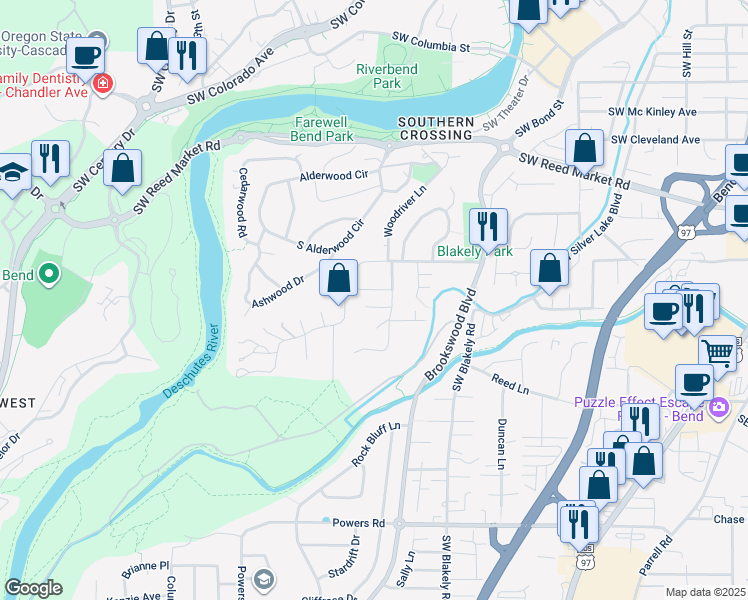 map of restaurants, bars, coffee shops, grocery stores, and more near 20021 Southwest Millcrest Place in Bend