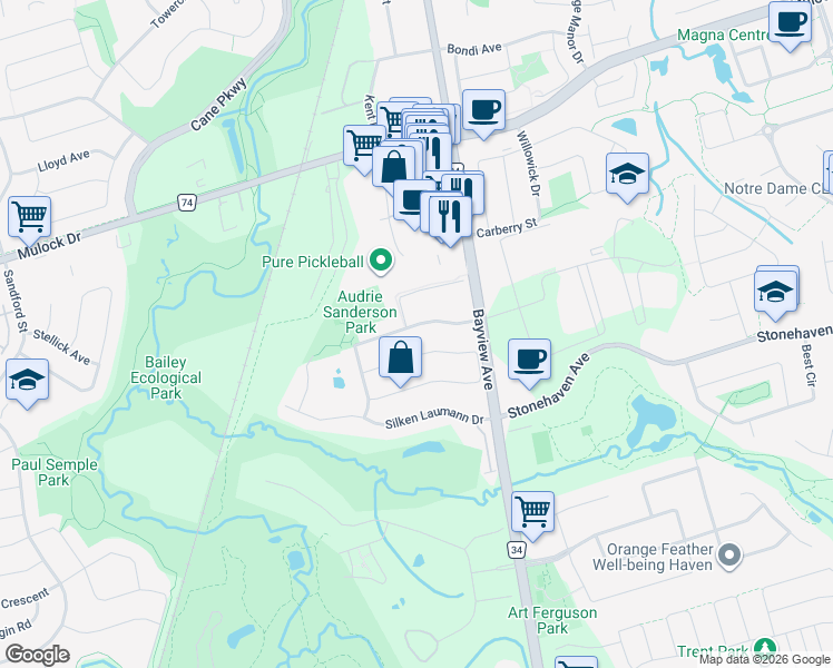 map of restaurants, bars, coffee shops, grocery stores, and more near 579 McBean Avenue in Newmarket