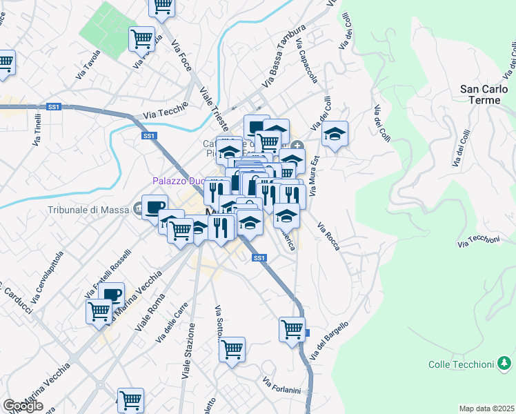 map of restaurants, bars, coffee shops, grocery stores, and more near 19 Via Bastione in Massa