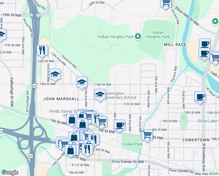 map of restaurants, bars, coffee shops, grocery stores, and more near 1207 9th Avenue Northwest in Rochester