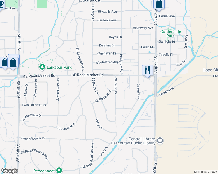 map of restaurants, bars, coffee shops, grocery stores, and more near 61560 Southeast Range Place in Bend