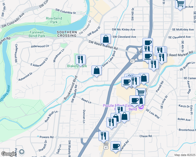 map of restaurants, bars, coffee shops, grocery stores, and more near 1295 Southwest Mill Pond Place in Bend
