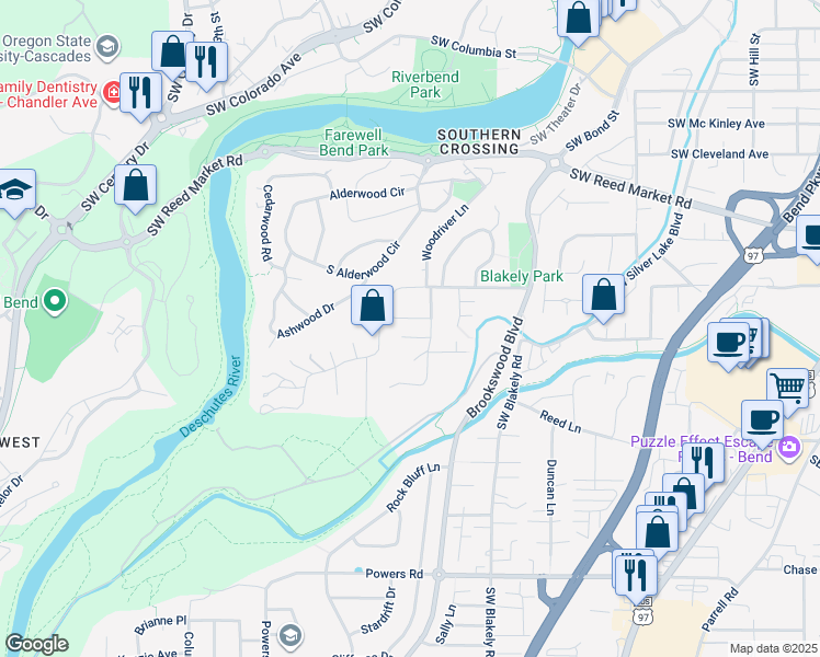 map of restaurants, bars, coffee shops, grocery stores, and more near 20021 Southwest Millcrest Place in Bend