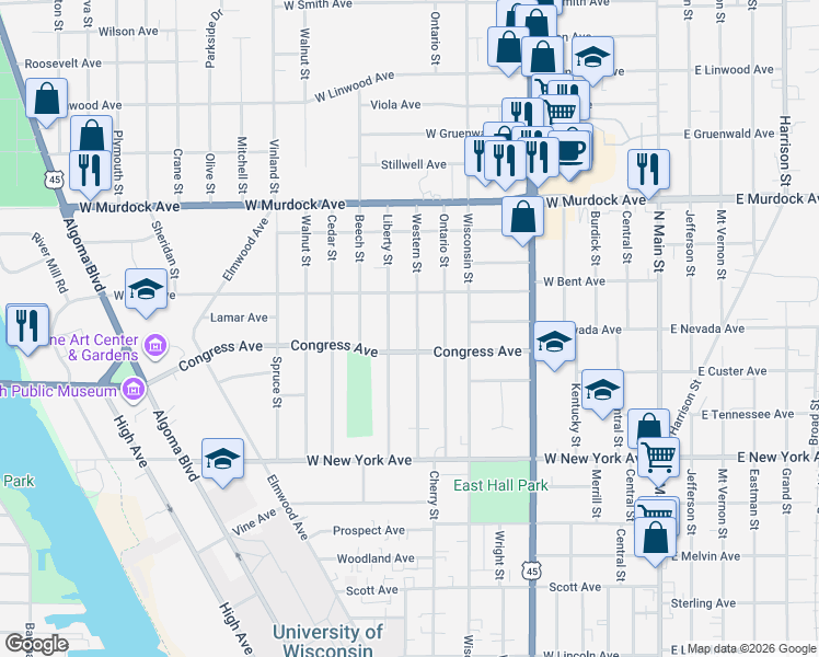 map of restaurants, bars, coffee shops, grocery stores, and more near 1402 Liberty Street in Oshkosh