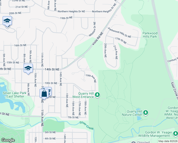 map of restaurants, bars, coffee shops, grocery stores, and more near 1250 19th Avenue Northeast in Rochester