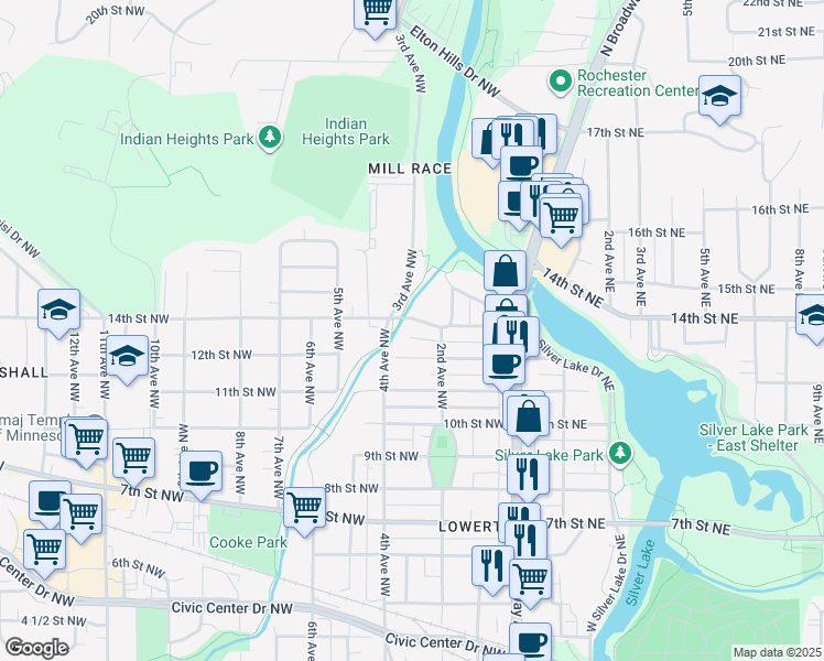 map of restaurants, bars, coffee shops, grocery stores, and more near 235 12th Street Northwest in Rochester