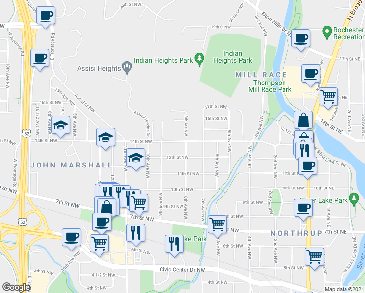 map of restaurants, bars, coffee shops, grocery stores, and more near 1214 8th Avenue Northwest in Rochester