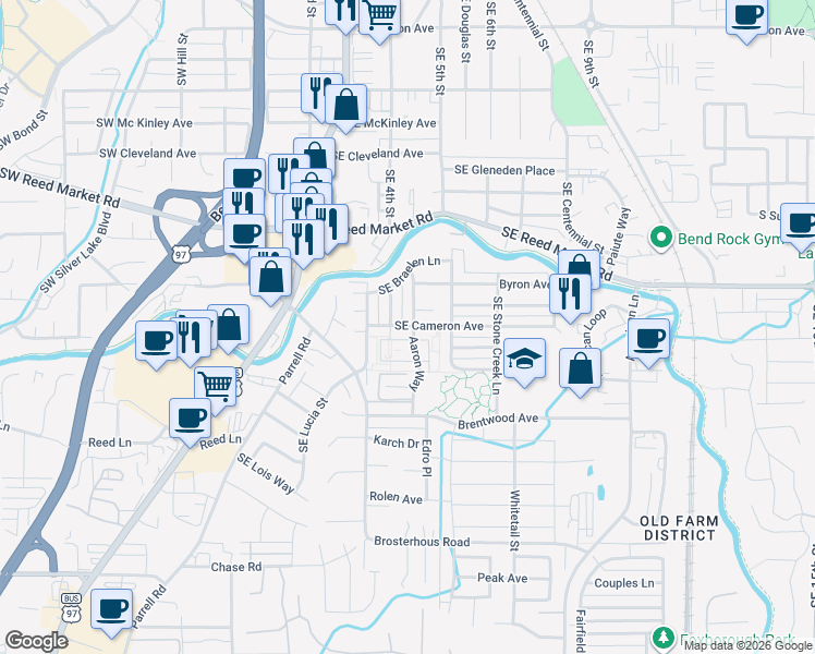 map of restaurants, bars, coffee shops, grocery stores, and more near 61550 Southeast Alstrup Road in Bend