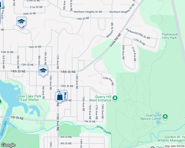 map of restaurants, bars, coffee shops, grocery stores, and more near 1236 19th Avenue Northeast in Rochester