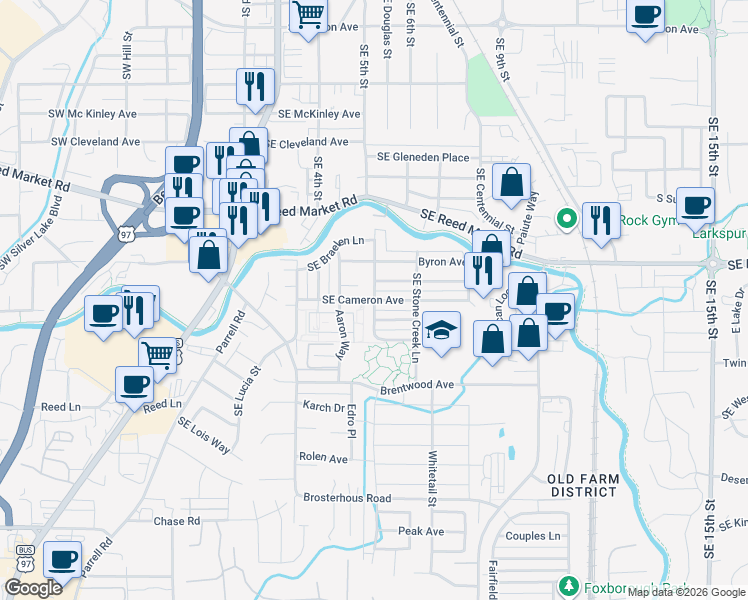 map of restaurants, bars, coffee shops, grocery stores, and more near Southeast Cameron Avenue in Bend