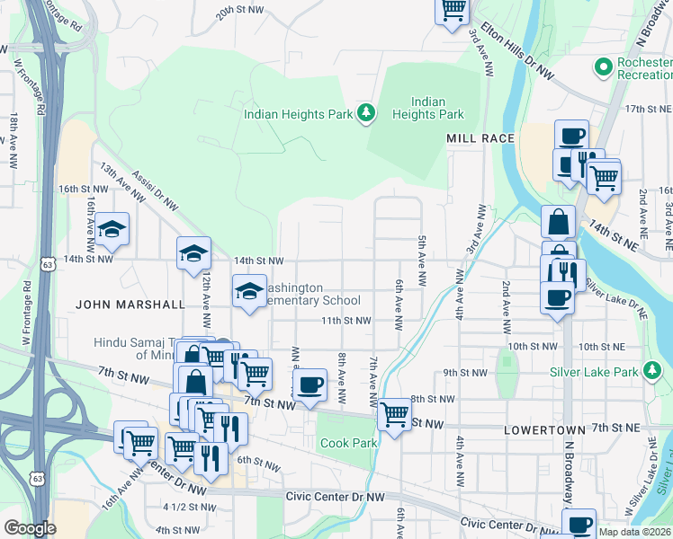 map of restaurants, bars, coffee shops, grocery stores, and more near 1214 8th Avenue Northwest in Rochester