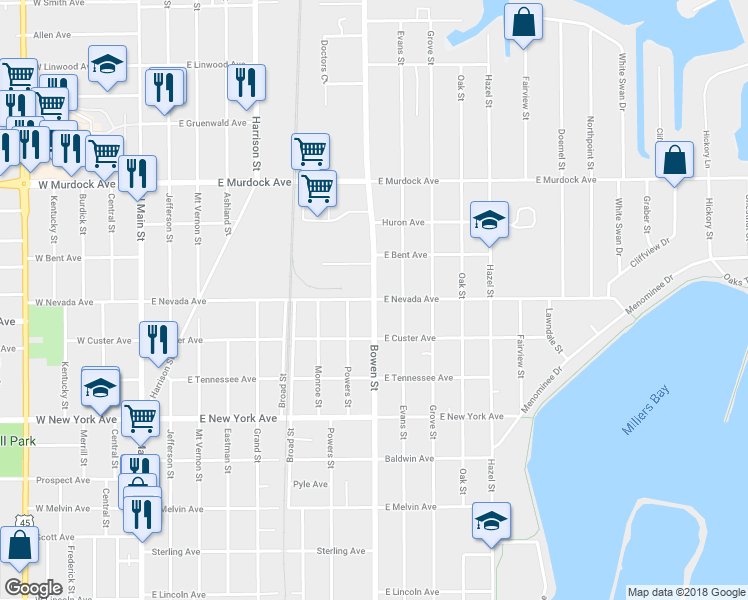map of restaurants, bars, coffee shops, grocery stores, and more near 1498 Bowen Street in Oshkosh