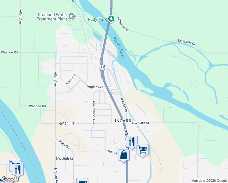 map of restaurants, bars, coffee shops, grocery stores, and more near 2701 North Alder Drive in Fruitland