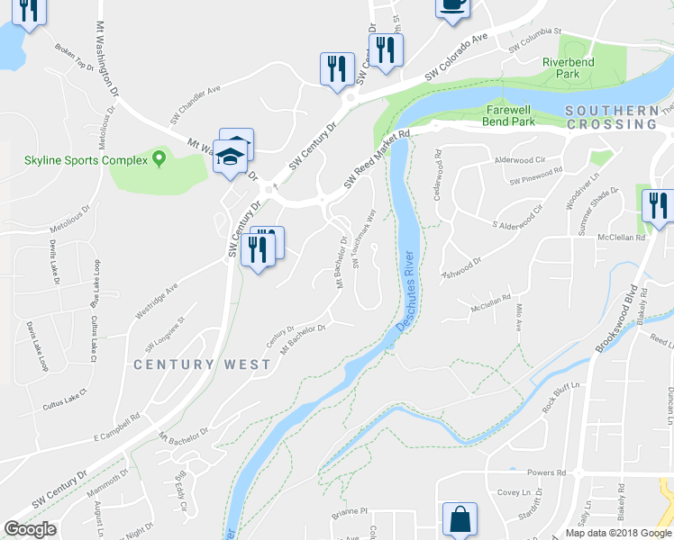 map of restaurants, bars, coffee shops, grocery stores, and more near 19828 Mount Bachelor Drive in Bend
