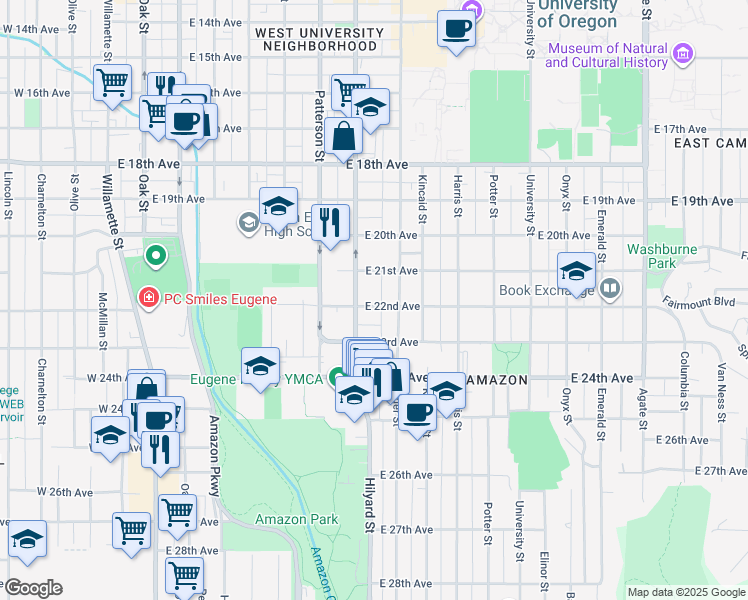 map of restaurants, bars, coffee shops, grocery stores, and more near 739 East 22nd Avenue in Eugene