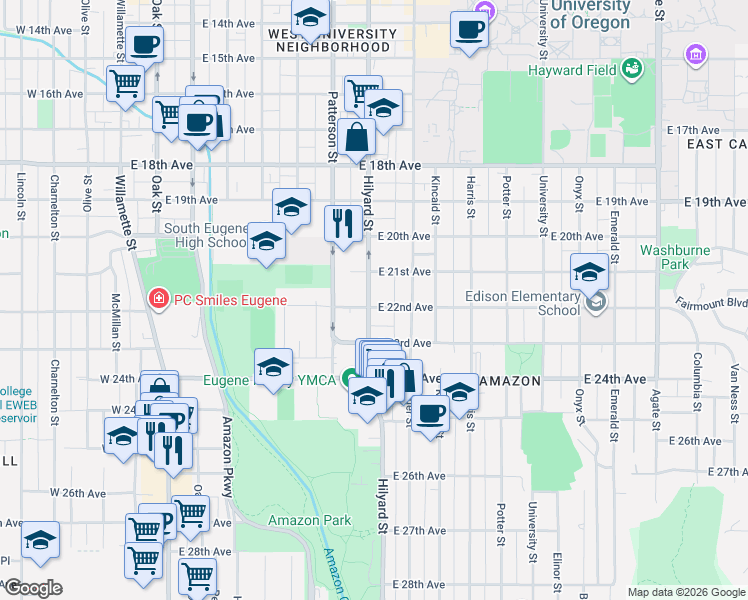 map of restaurants, bars, coffee shops, grocery stores, and more near 686 East 22nd Avenue in Eugene