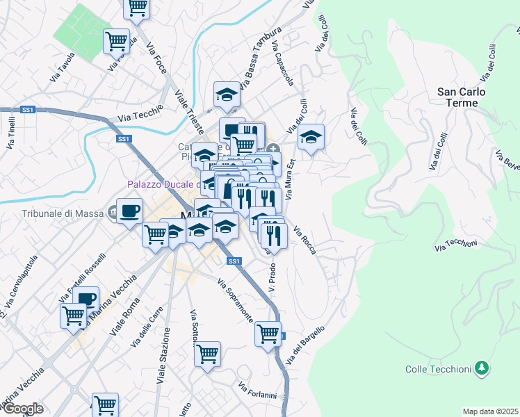 map of restaurants, bars, coffee shops, grocery stores, and more near 25 Piazza Mercurio in Massa