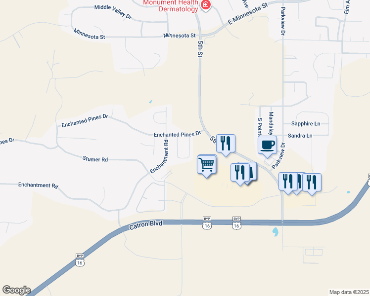 map of restaurants, bars, coffee shops, grocery stores, and more near 116 Savoy Circle in Rapid City