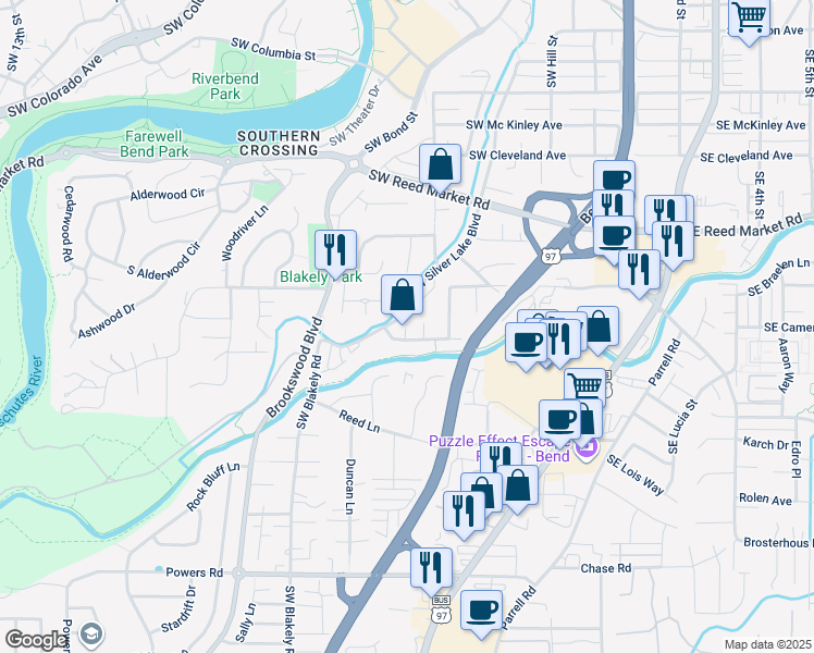 map of restaurants, bars, coffee shops, grocery stores, and more near 430 Southwest Garfield Avenue in Bend