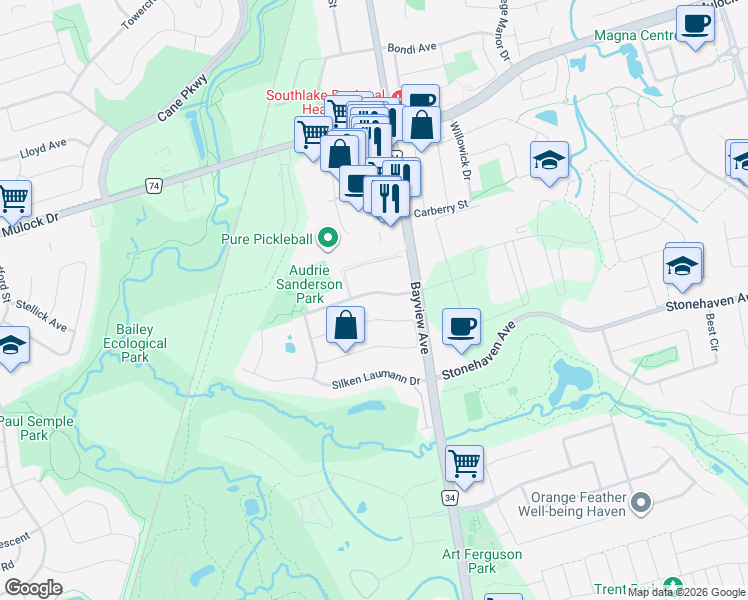 map of restaurants, bars, coffee shops, grocery stores, and more near 569 McBean Avenue in Newmarket