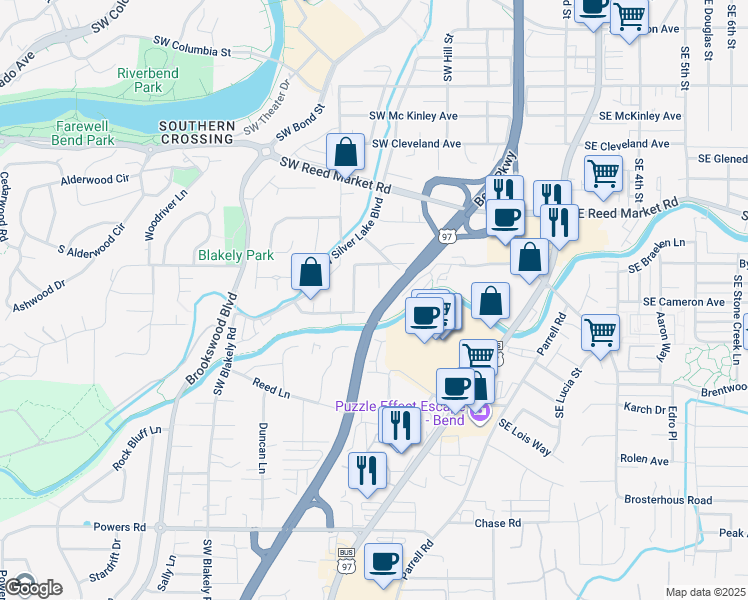 map of restaurants, bars, coffee shops, grocery stores, and more near 1298 Southwest Wheeler Place in Bend