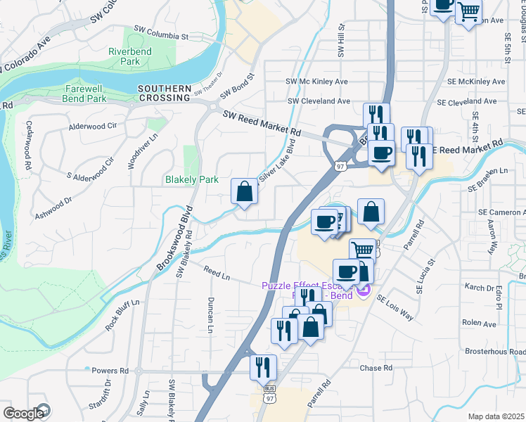 map of restaurants, bars, coffee shops, grocery stores, and more near 1295 Southwest Mill Pond Place in Bend
