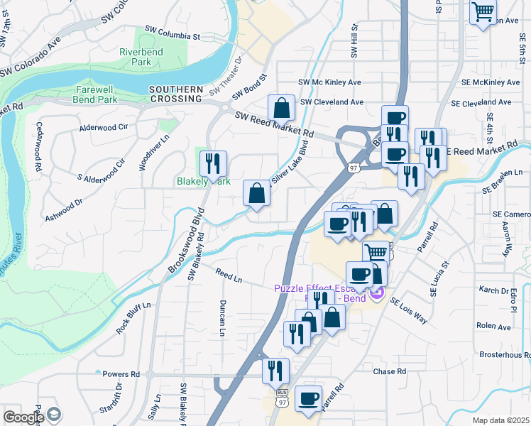 map of restaurants, bars, coffee shops, grocery stores, and more near 1295 Southwest Mill Pond Place in Bend