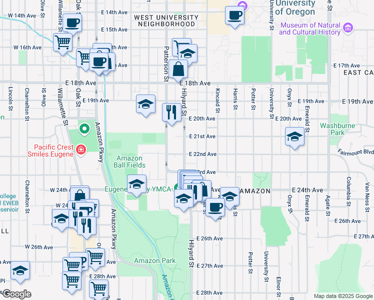map of restaurants, bars, coffee shops, grocery stores, and more near 686 East 22nd Avenue in Eugene