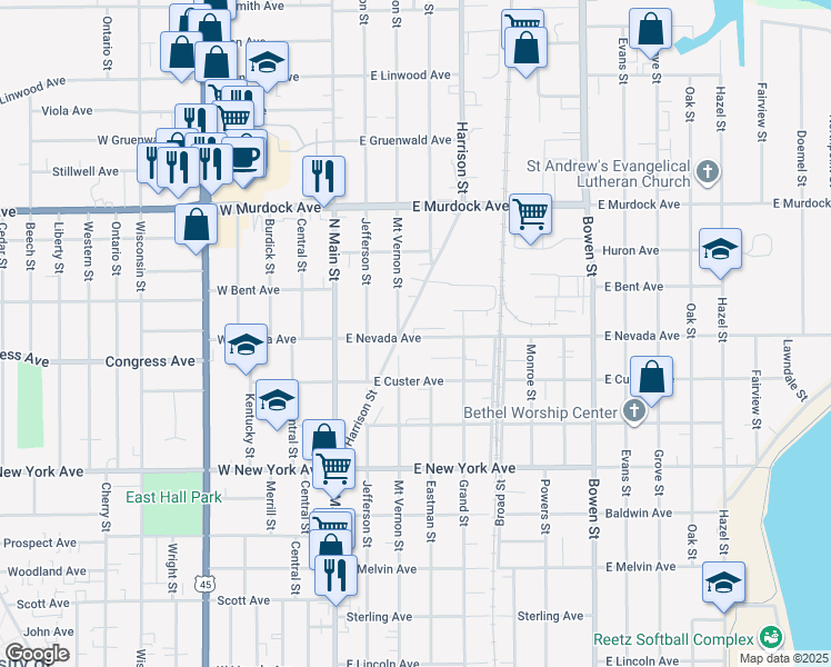 map of restaurants, bars, coffee shops, grocery stores, and more near 223 East Nevada Avenue in Oshkosh