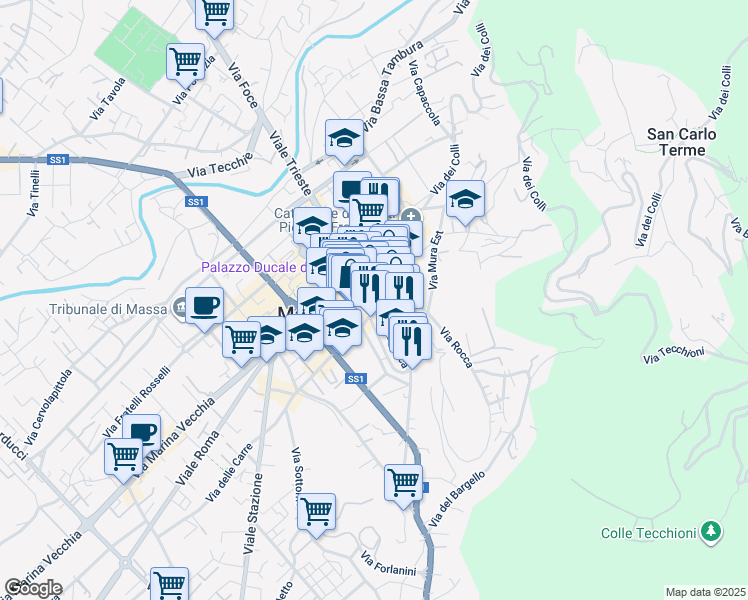 map of restaurants, bars, coffee shops, grocery stores, and more near 22-25 Piazza Mercurio in Massa