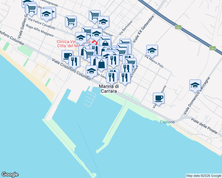 map of restaurants, bars, coffee shops, grocery stores, and more near 6 Viale XX Settembre in Carrara