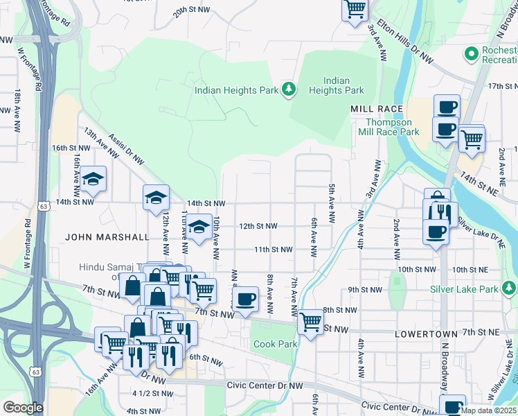 map of restaurants, bars, coffee shops, grocery stores, and more near 814 14th Street Northwest in Rochester