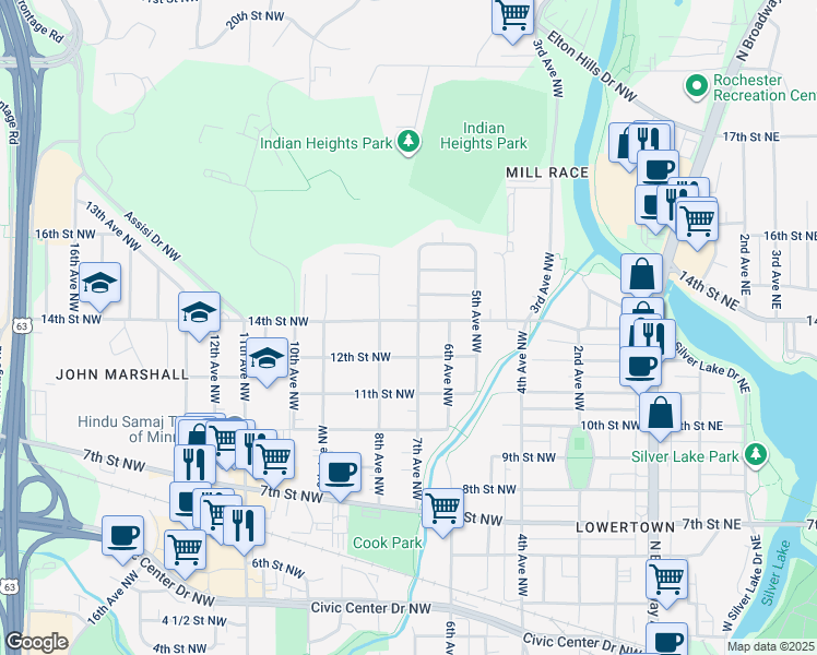 map of restaurants, bars, coffee shops, grocery stores, and more near 706 14th Street Northwest in Rochester