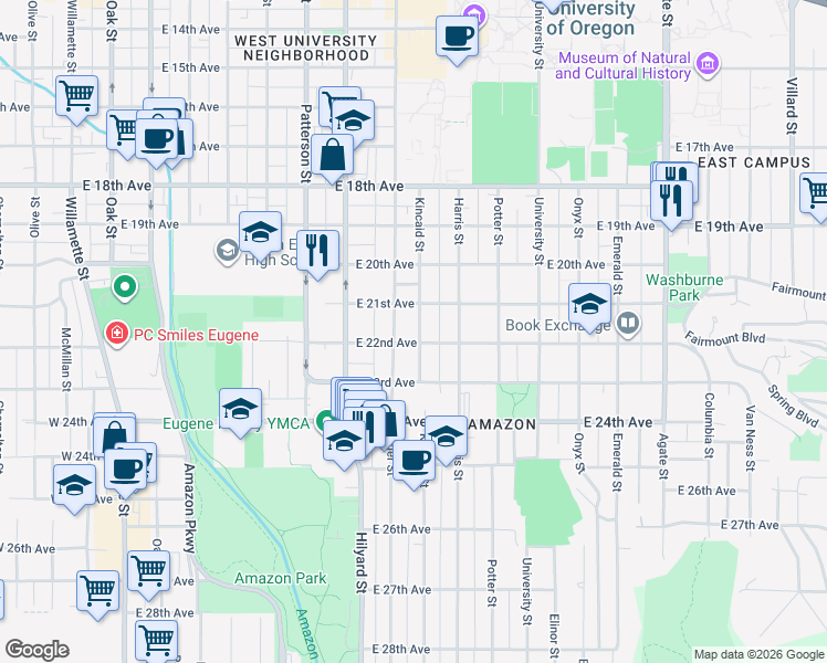 map of restaurants, bars, coffee shops, grocery stores, and more near 2182 Kincaid Street in Eugene