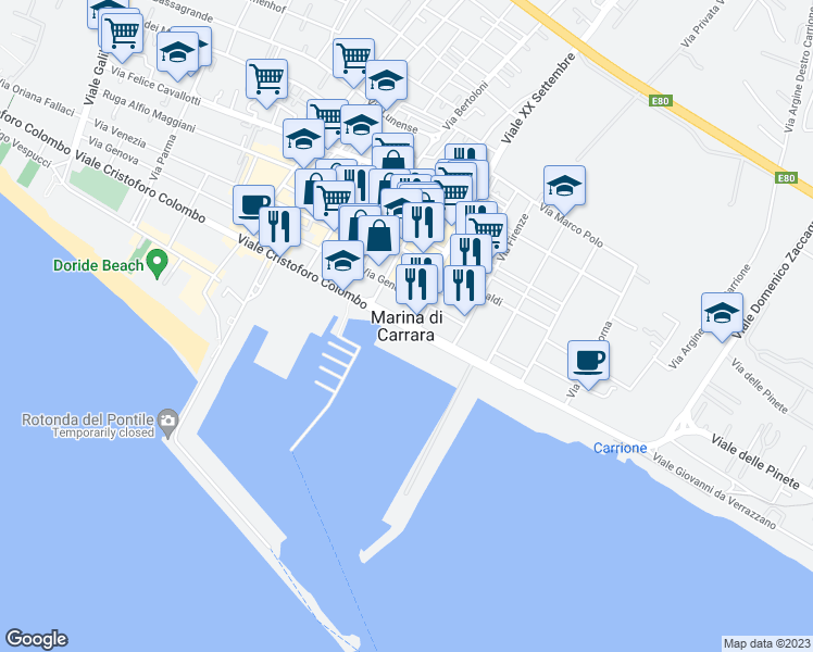 map of restaurants, bars, coffee shops, grocery stores, and more near 6 Viale XX Settembre in Carrara