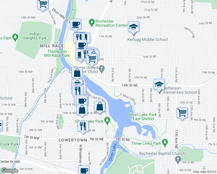 map of restaurants, bars, coffee shops, grocery stores, and more near 208 14th Street Northeast in Rochester