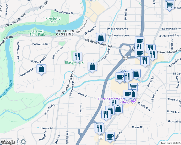 map of restaurants, bars, coffee shops, grocery stores, and more near 1256 Southwest Silver Lake Boulevard in Bend