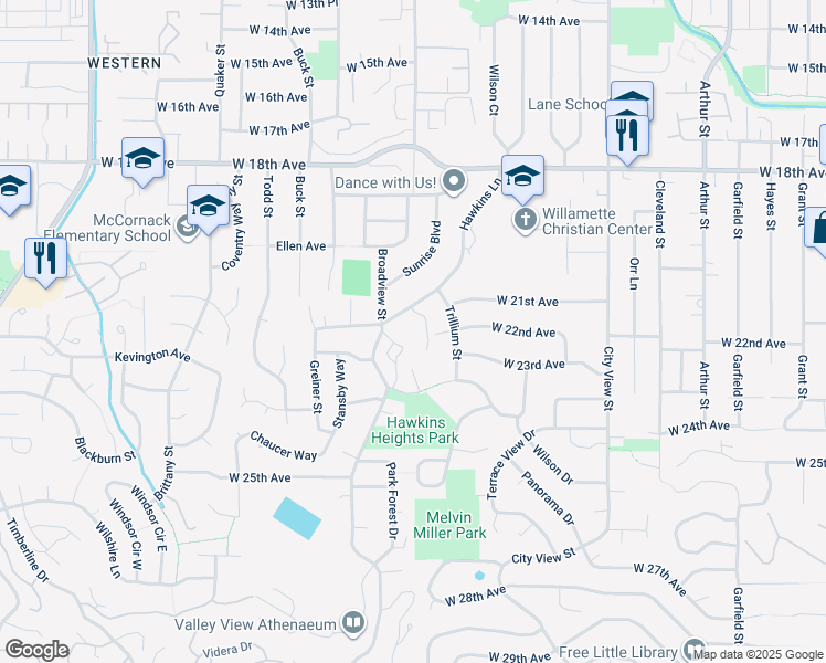 map of restaurants, bars, coffee shops, grocery stores, and more near 2127 Hawkins Lane in Eugene